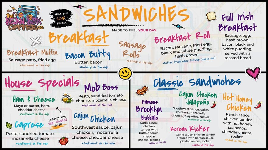 The Bean Box sandwich menu — breakfast, house specials and classic sandwiches
