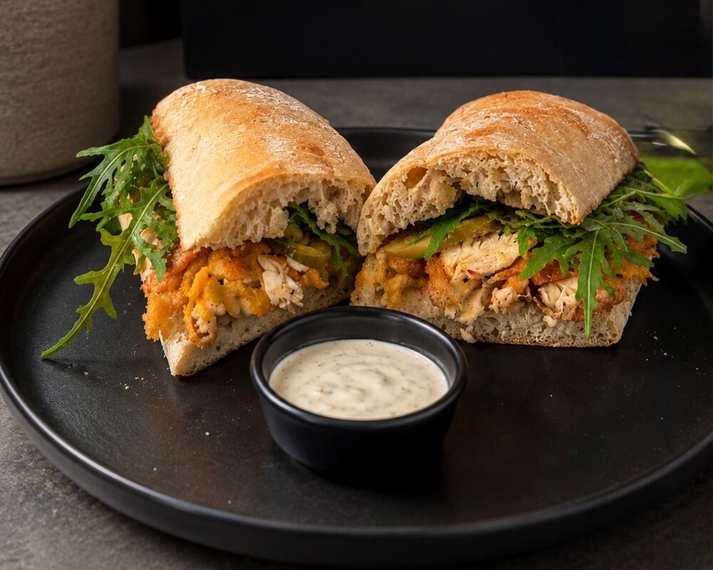 A Bean Box sandwich cut in half — chicken, pickles and rocket in a ciabatta roll — on a black plate with a pot of house dressing.